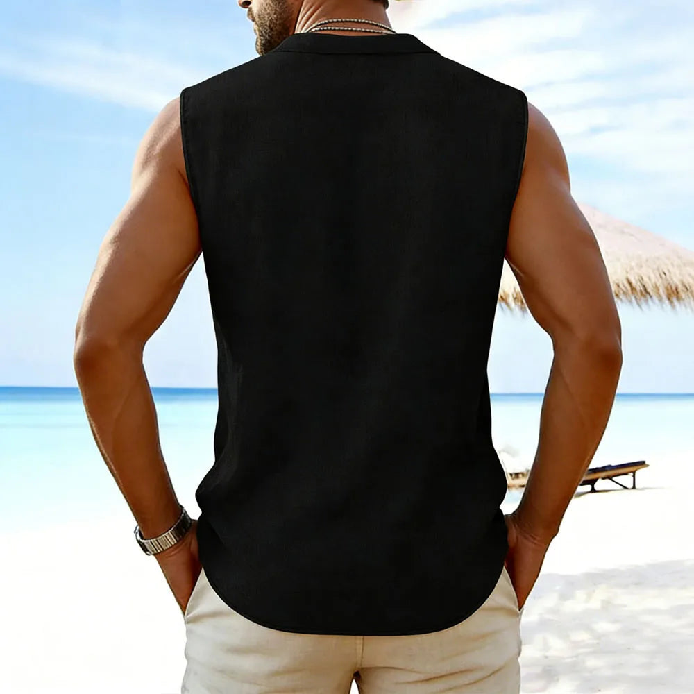 2026 Men's Sleeveless Cotton Linen Shirt Turn Down Collar Button Up Casual Beach Tops