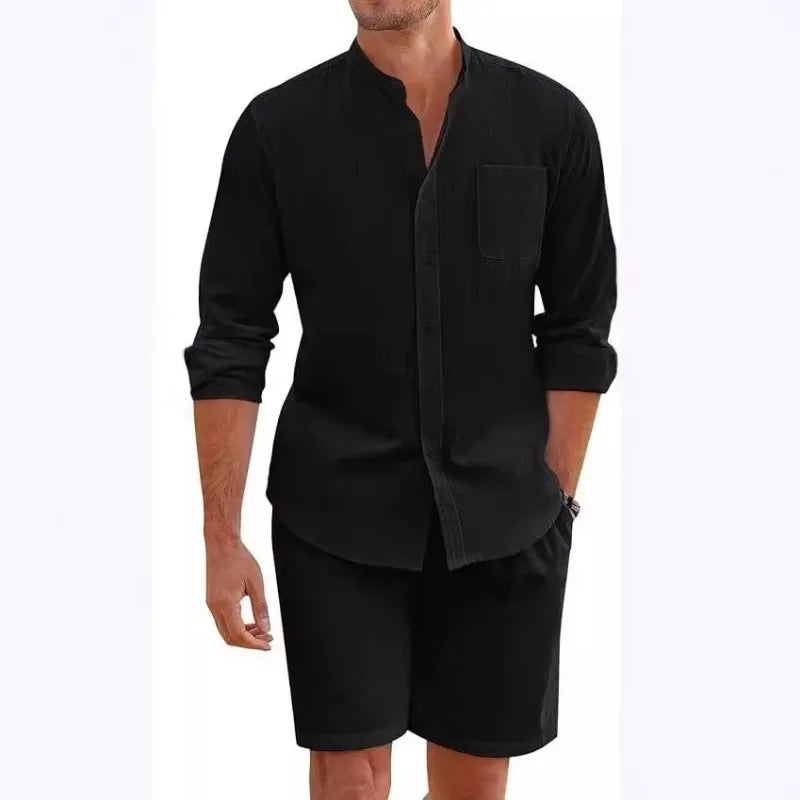 2025 Men's Two-piece Sets Cotton and Linen Comfortable Button Shirt Long Sleeve Shorts Cardigan Simple Casual Beachwear