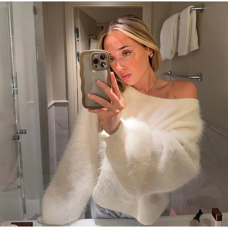 Women Solid Off Shoulder Pullover Fashion Classic Full Sleeve Loose Knitted Mohair Knitwear Lady High Street Autumn Sweaters