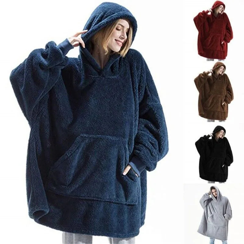 New Winter Women Double-faced Fleece Hoodie Blanket Oversize Large Pocket Warm Couple Loose Sweatshirts Women And Men Robe
