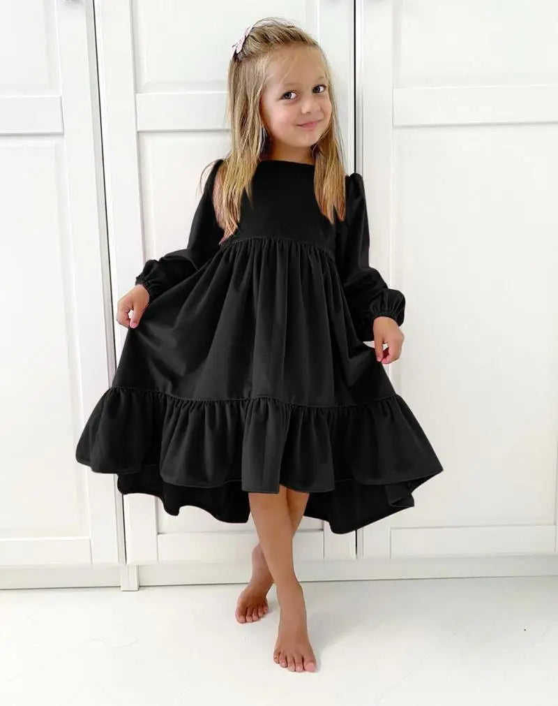 New 7-12 years Girls Spring Autumn Winter Velvet Long Sleeve Ruffle Hem Dress Princess Kids Party Dressess Children Clothing
