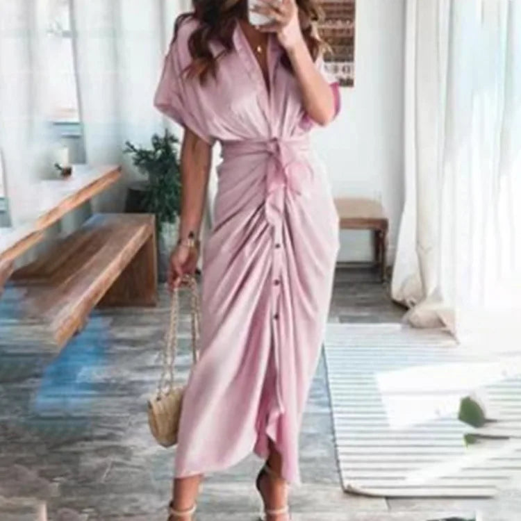 Sexy Irregular Long Dress For Women Fashion V-neck Lace-up Wrinkled Buttoned Dress Elegant Short Sleeves Clothing Ropa De Mujer