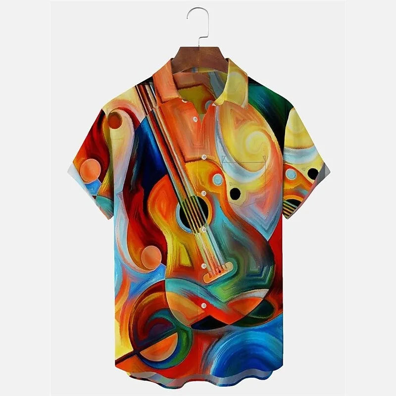 New men's street fashion short sleeved shirt top with 3D turtle print guitar pattern casual short sleeved shirt