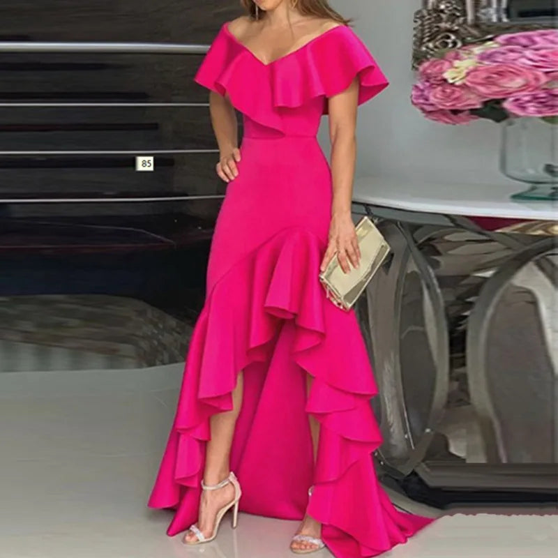 Fashion Evening Dresses Sexy V-Neck Elegant Party Irregular Solid Color Hem Ruffle Women Maxi Dress Short Sleeve Floor Length