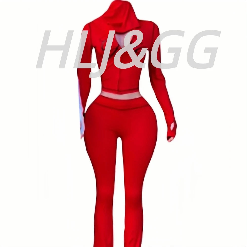 HLJ Fashion Ins Letter Print Hooded Two Piece Sets Women Zipper Long Sleeve Crop Top And Skinny Pants Outfit Y2K 2pcs Streetwear