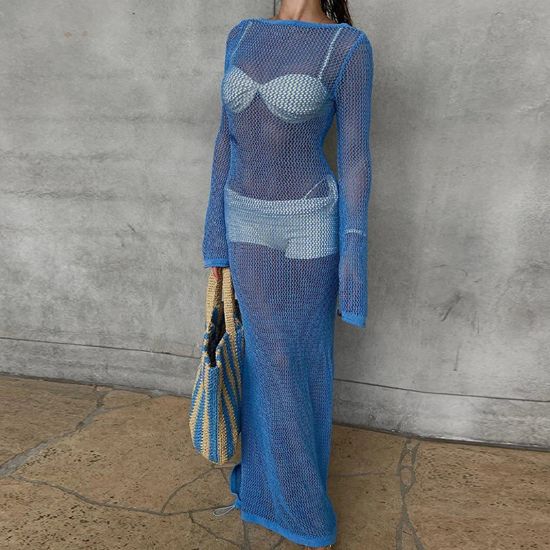 New Style Knitted Backless Long Sleeve Dress Ladies Beach Holiday Bikini Cover Up See-Through Beachwear Sunscreen Long Dress