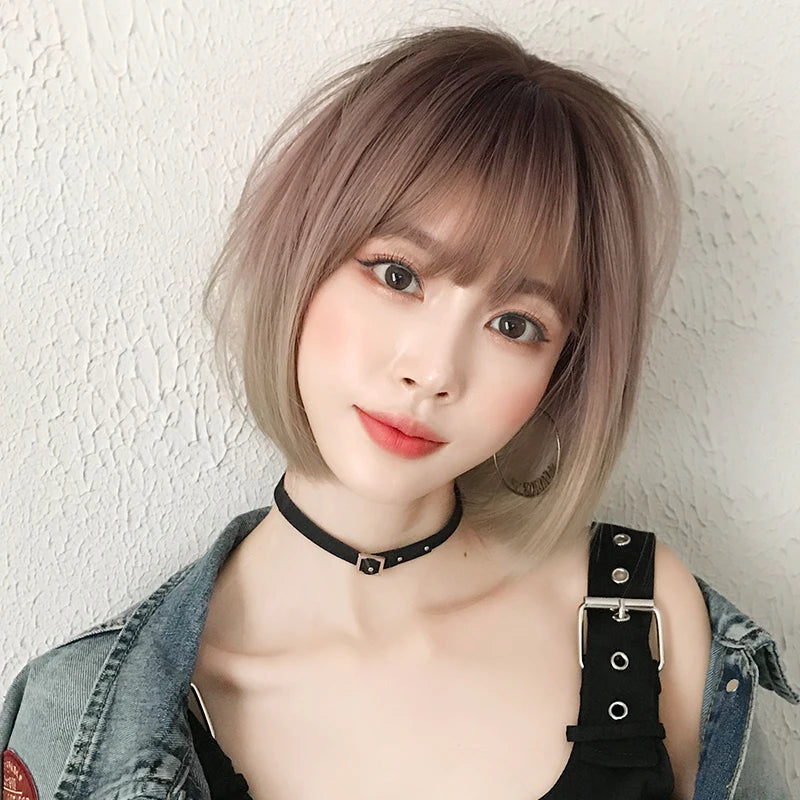 Pixie Cut Wigs Synthetic Short Straight Pink Brown Bob Wigs with Dark Roots High Density Layered Hair Wigs with Curtain Bangs