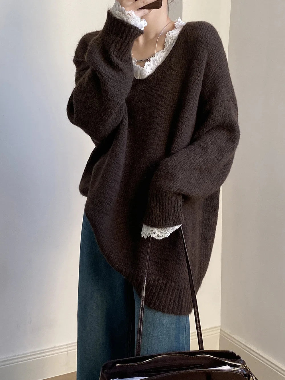 Aoaiiys Sweaters Women V Neck Lace Spliced Pullovers Vintage Chic Knitted Jumpers Autumn Winter New Comfortable Loose Sweaters