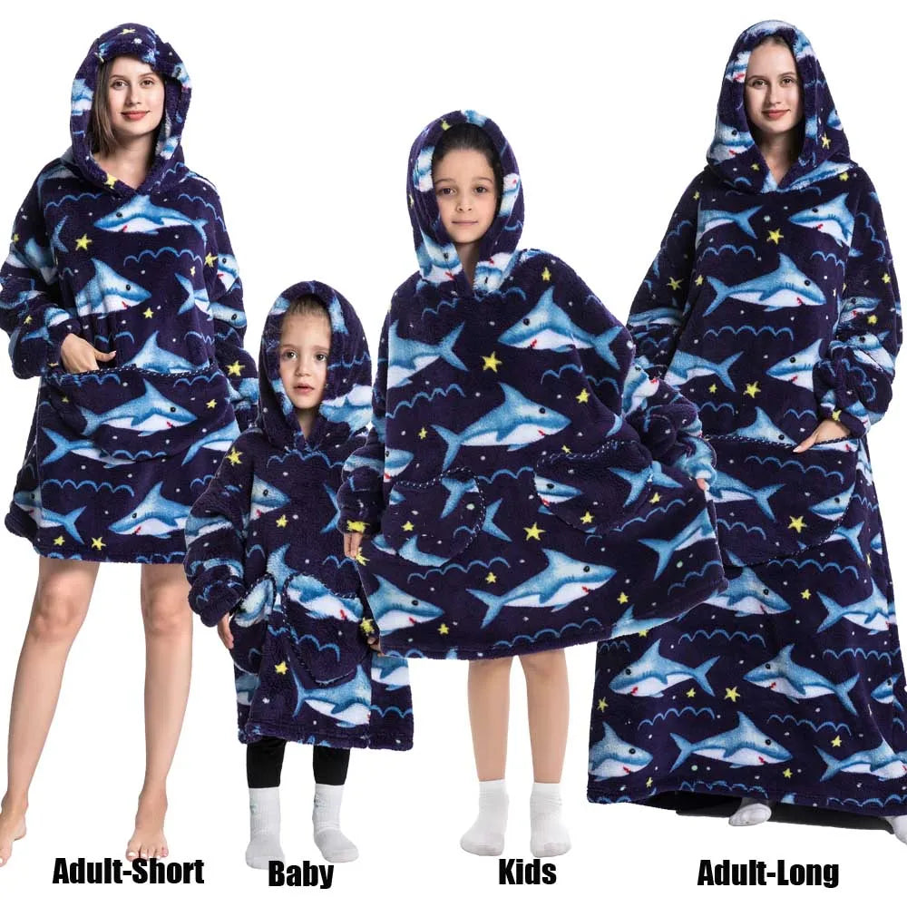 Extra Long Winter Hoodies Sherpa TV Blanket Plush Fleece Family Matching Outfits Sweatshirts Avocado Dinosaur Homewear Oversized