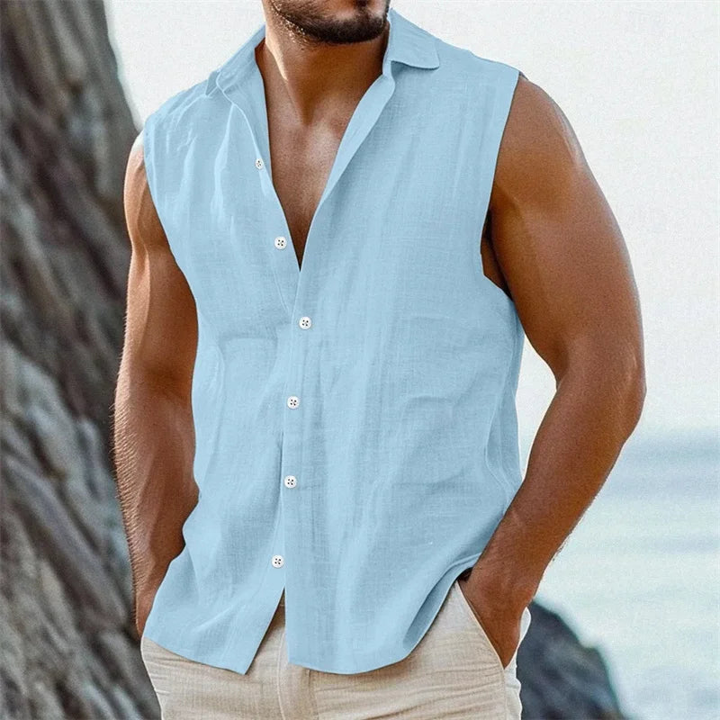 Hawaiian Men's Shirt Coconut Print Flap Collar Sleeveless Top Beach Holiday Style Shirt Fashion Men's Clothing