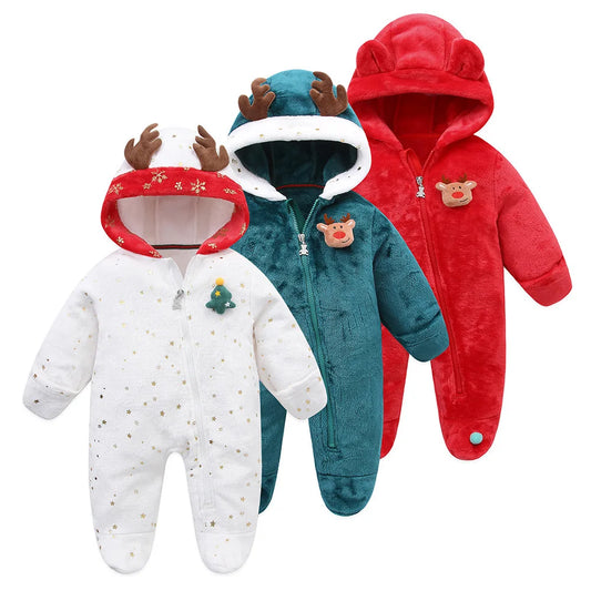 2024 Autumn Winter Newborn Baby Romper Christmas Flannel Hooded Baby Girl Overalls 0-1 Years Infant Boy Jumpsuit Outfits