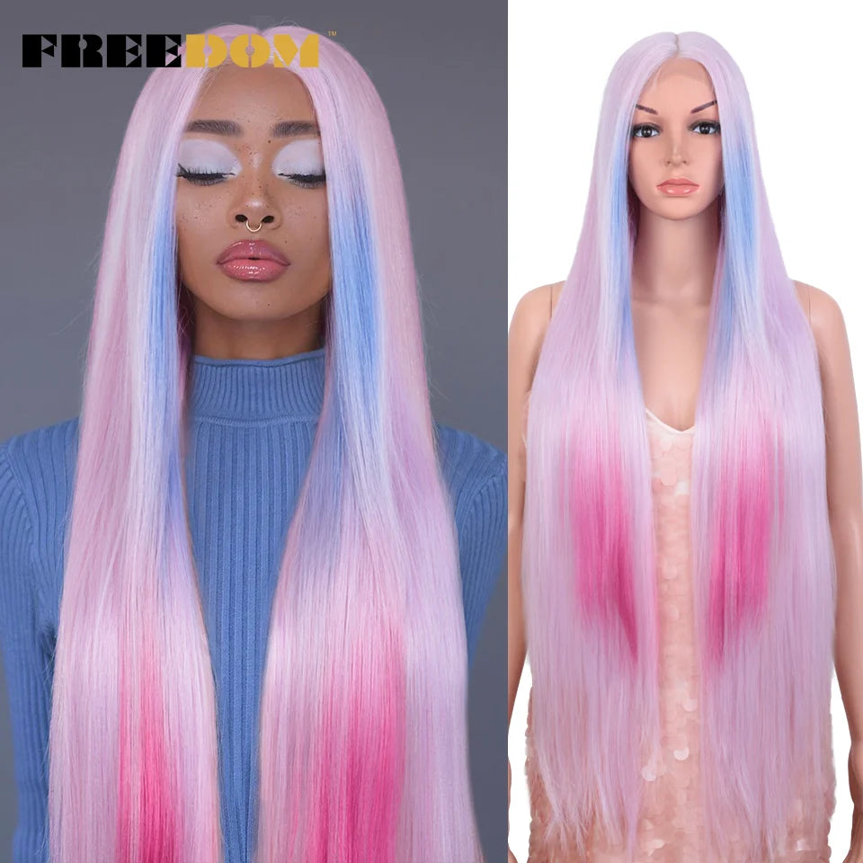 FREEDOM Synthetic Lace Front Wigs For Women Straight Hair Synthetic Lace Wigs 38 Inch Ombre Long Cosplay Wigs Blonde Pink Wig