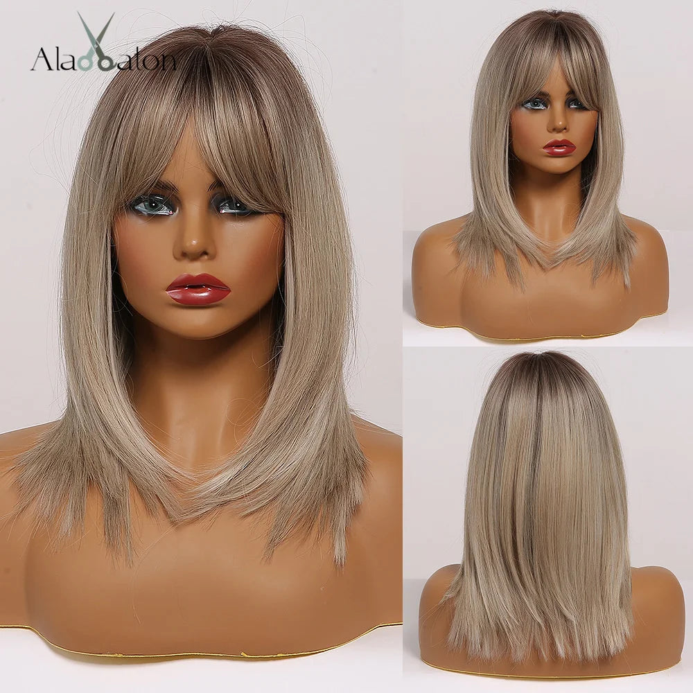 ALAN EATON Layered Synthetic Wigs with Bangs Straight Short Highlights Blonde Hair Wig with for Women Natural Daily Cosplay Wigs