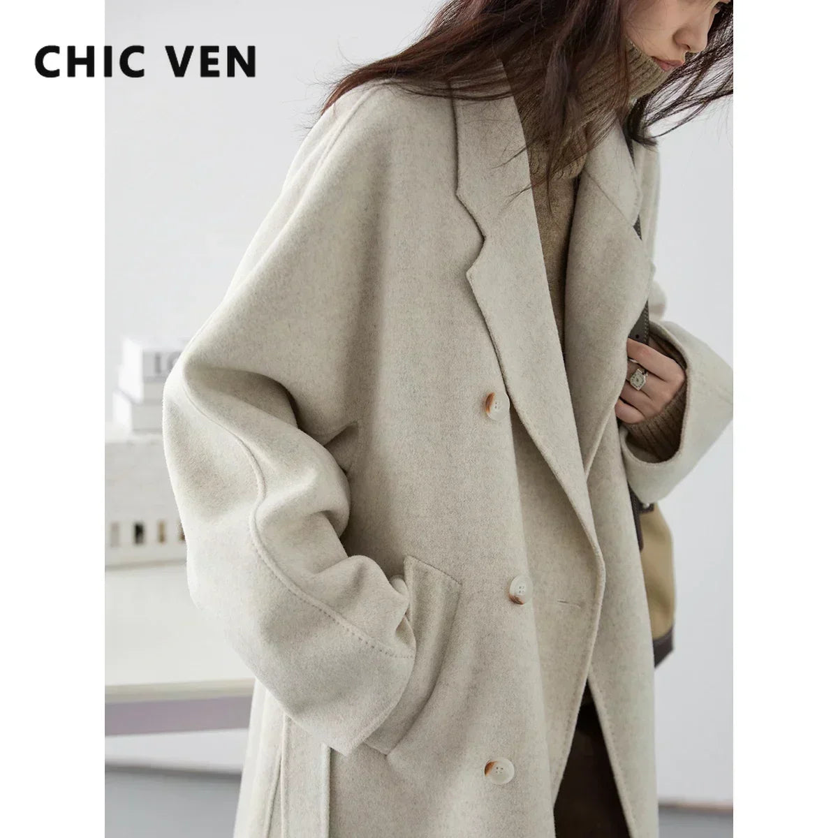 CHIC VEN Women Long Double-sided Woolen Coats Retro Loose Female Overcoat Double Breasted Ladies Windbreak Autumn Winter 2025