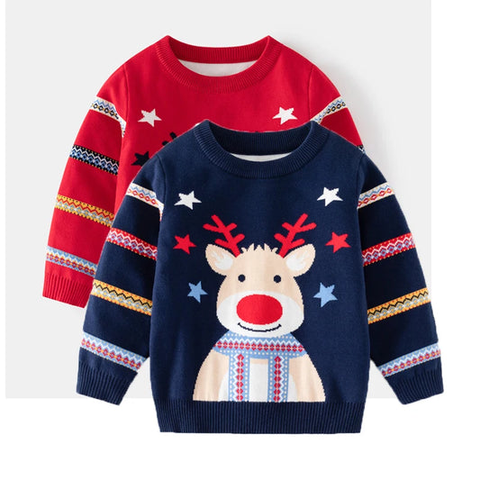 New Year Kid Sweater Long Sleeve Cartoon Print Deer Casual Loose Pullover Knitwear Baby Girl Boy Sweater Christmas Child Clothes
