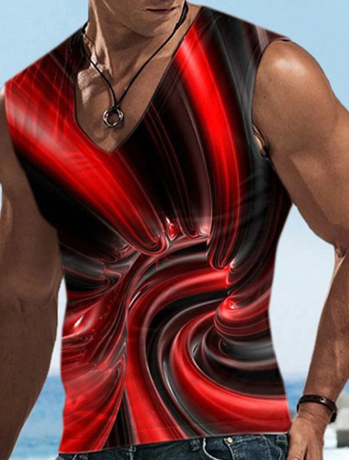 Men\'s Vest Sleeveless T Shirt Patterned Spliced Flame Shirt Casual Muscle V Neck Clothing 3D Printed Sports Running Fitness