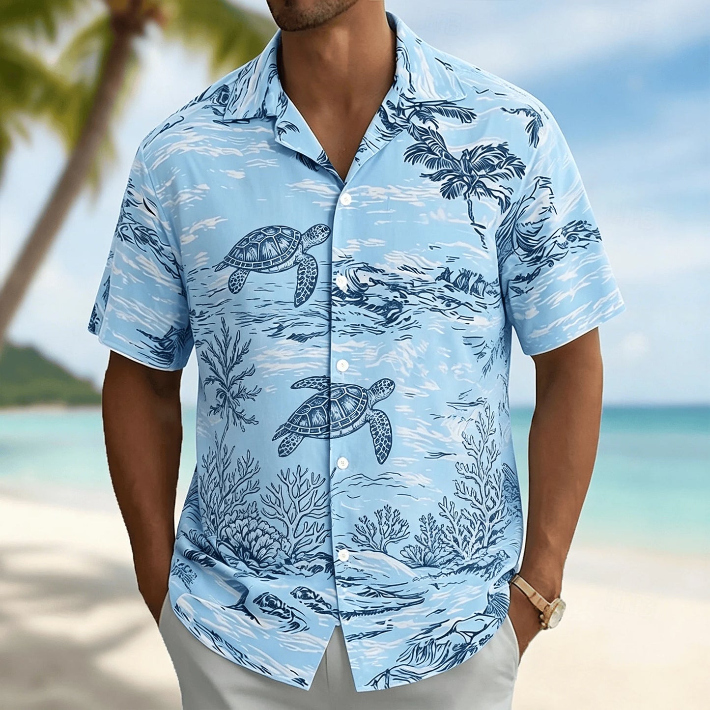 Men's Light Blue Tropical Palm Tree Print Short Sleeve Shirt, Casual Hawaiian Button Down with Ocean Design for Spring & Summer