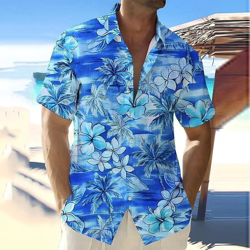 New men's street fashion short sleeved shirt top with 3D turtle print guitar pattern casual short sleeved shirt
