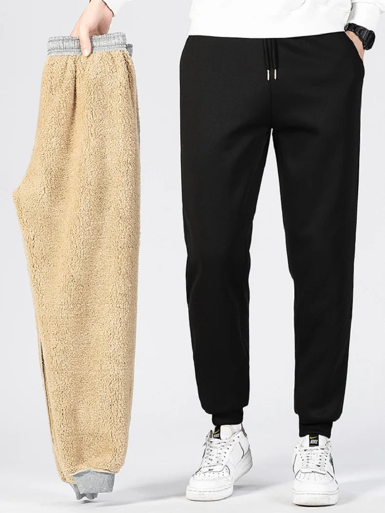 Pants for men in autumn and winter, thickened with fleece for outerwear, casual pants, warm lamb wool sports sweatpants