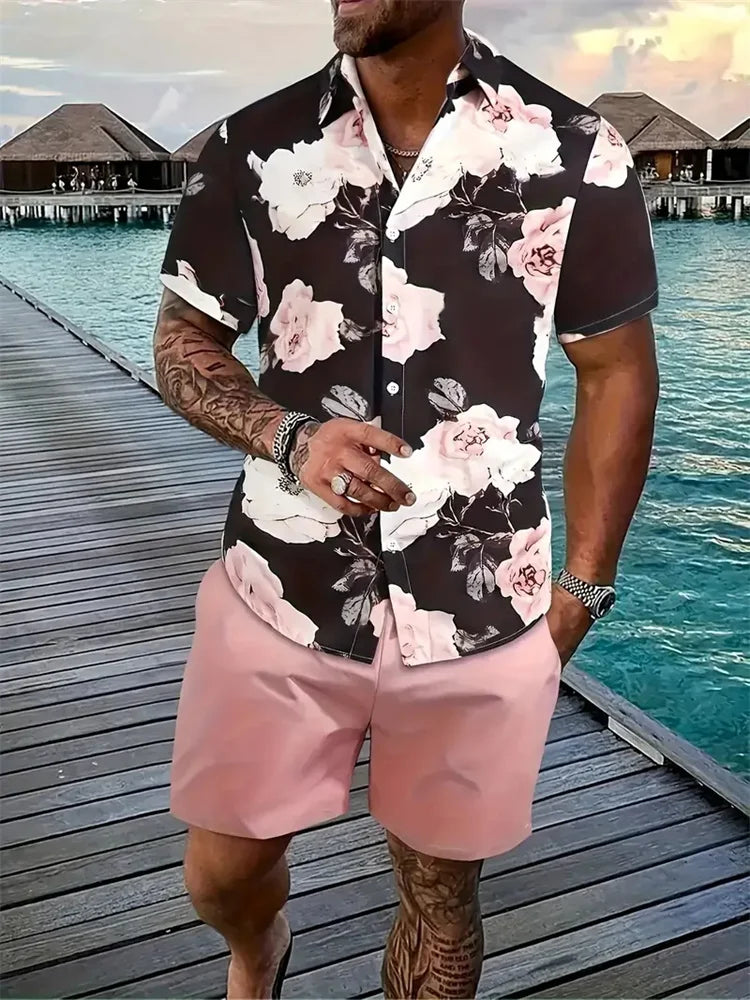 Men's Hawaii Shirt Set Men's 3D Printed Short Sleeve Shirt Shorts Two Piece Summer Beach Lapel Shirt Set Unisex Casual Clothing