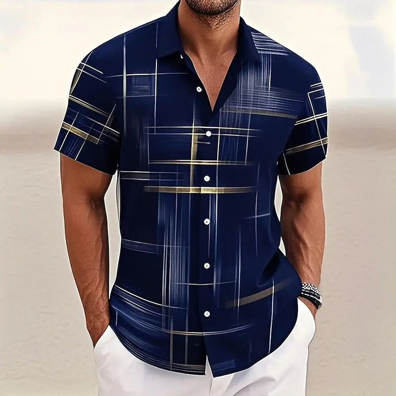 8 Color Men's Geometric Grid Shirt Button Shirt Short Sleeve Fashion Casual Outdoor Vacation Streetwear 3D Printed Lapel Shirt