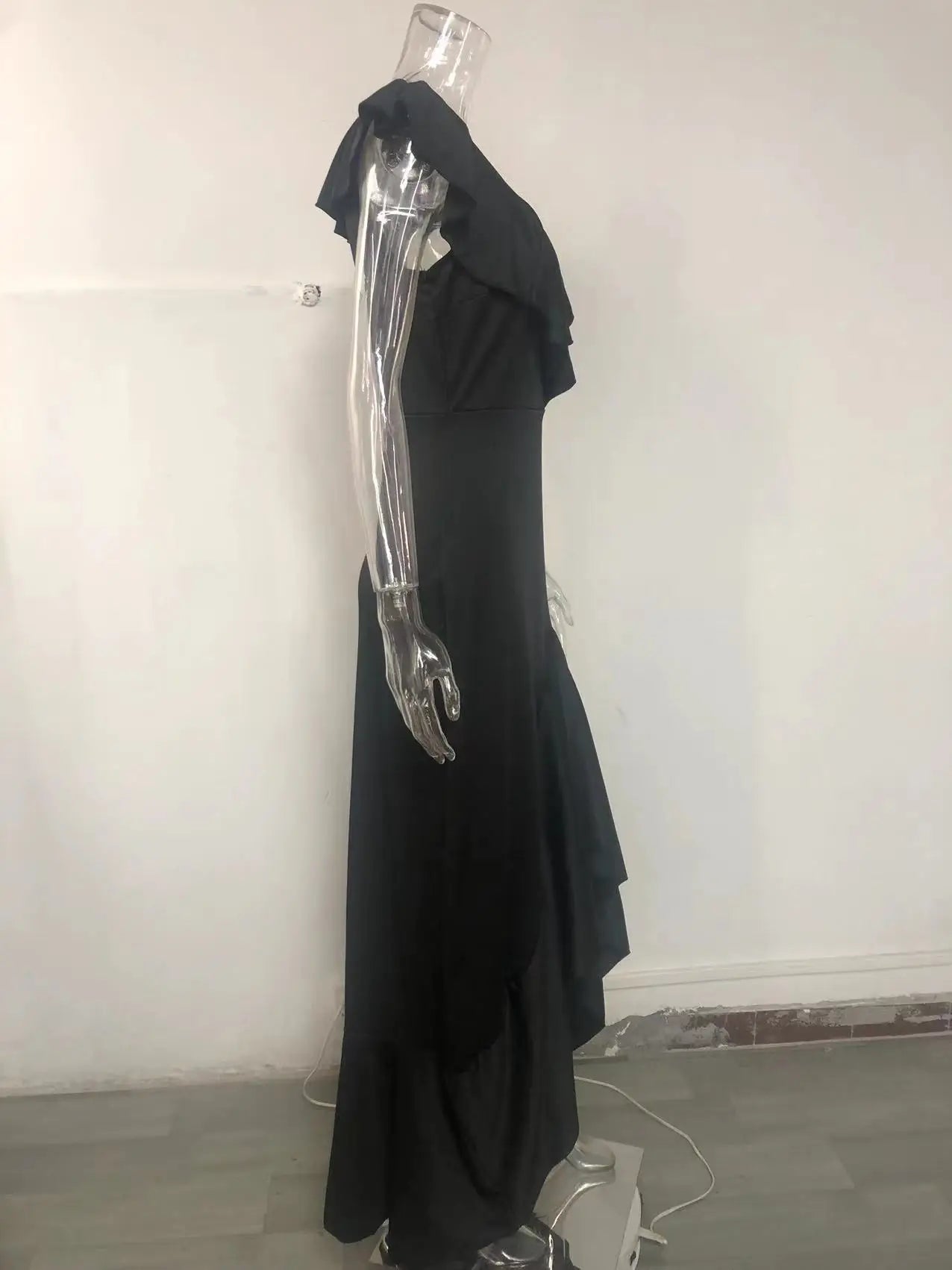 Fashion Evening Dresses Sexy V-Neck Elegant Party Irregular Solid Color Hem Ruffle Women Maxi Dress Short Sleeve Floor Length