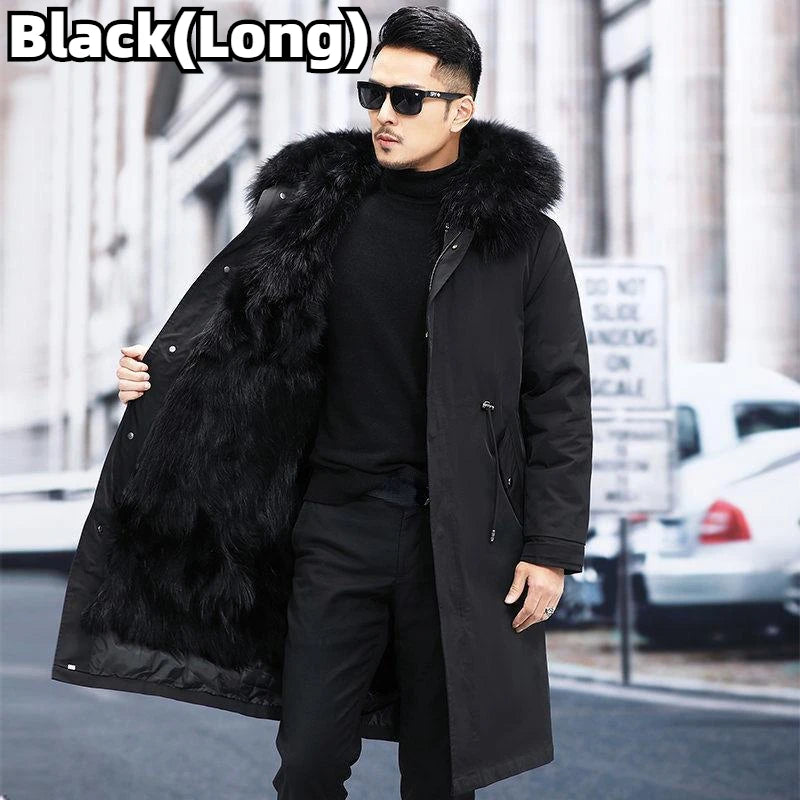 Faux Fur Coat Loose OverCoat Thick Warm Men Plush Coats Fox Hair Inner Liner Detachable Collar Long Fur Parkas Fur Jacket