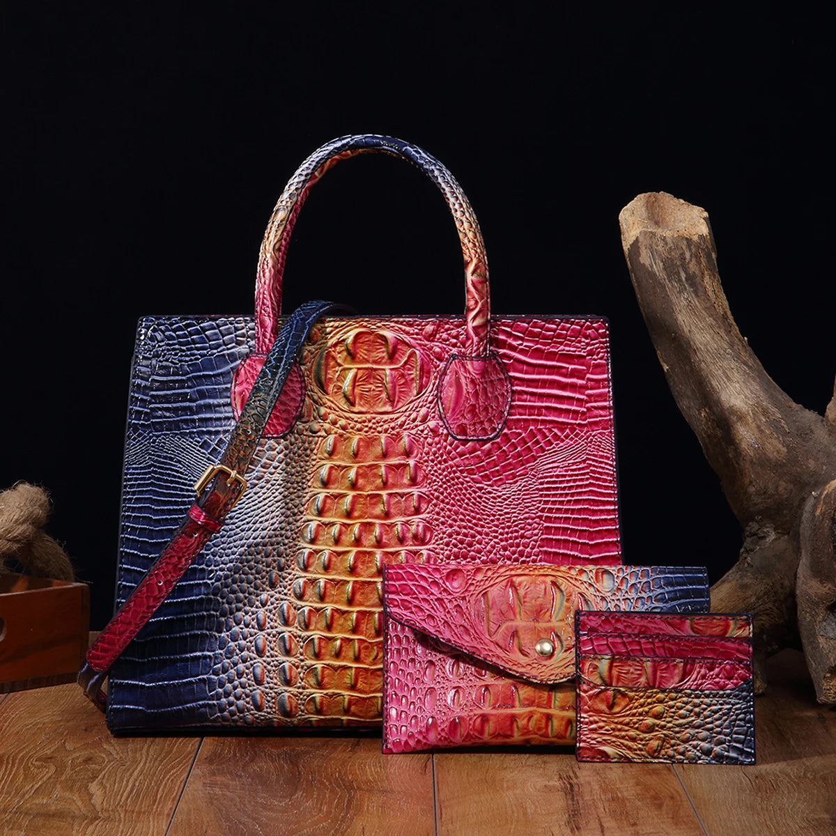 3 Pcs Crocodile Pattern Handbag & Purses Set, Multi-functional Vintage Top Handle Crossbody Bag & Business Clutch Bag & Card Coi