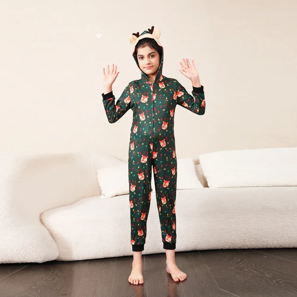 Christmas Gift Mother Father Kids Matching Outfits Cute Deer Ear Hooded Romper Overall Soft Loose One-Piece Pajamas Family Look