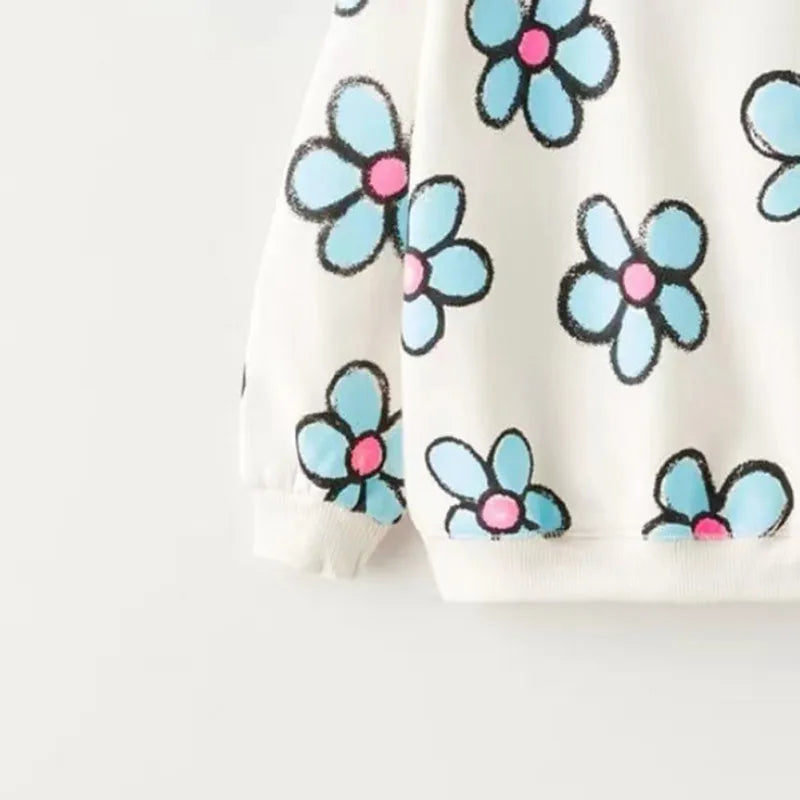 Kids Girl Sweatshirt Childish Flower Bow Print Round Neck Cotton Sweatshirts Autumn Winter Long Sleeve T-Shirt Children Clothes