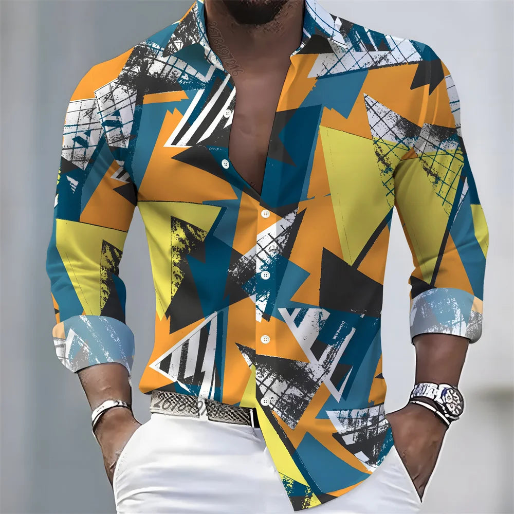New men's artistic printed long-sleeved shirt, retro color-blocked design, casual shirt, versatile and stylish top for commuting
