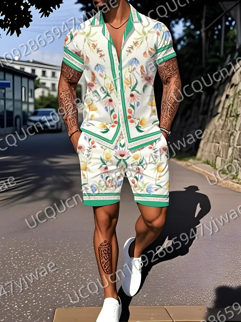 Summer Hawaiian Vintage Flowers Print Men's Short Sleeved Women's Blouses Beach Shirt +Shorts Button Shirt Set Men Clothes
