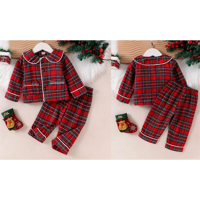FOCUSNORM 0-5Y Autumn Winter Kids Girls Boys Christmas Pajamas Clothes Sets Plaid Print Turn Down Collar Shirts+Pants