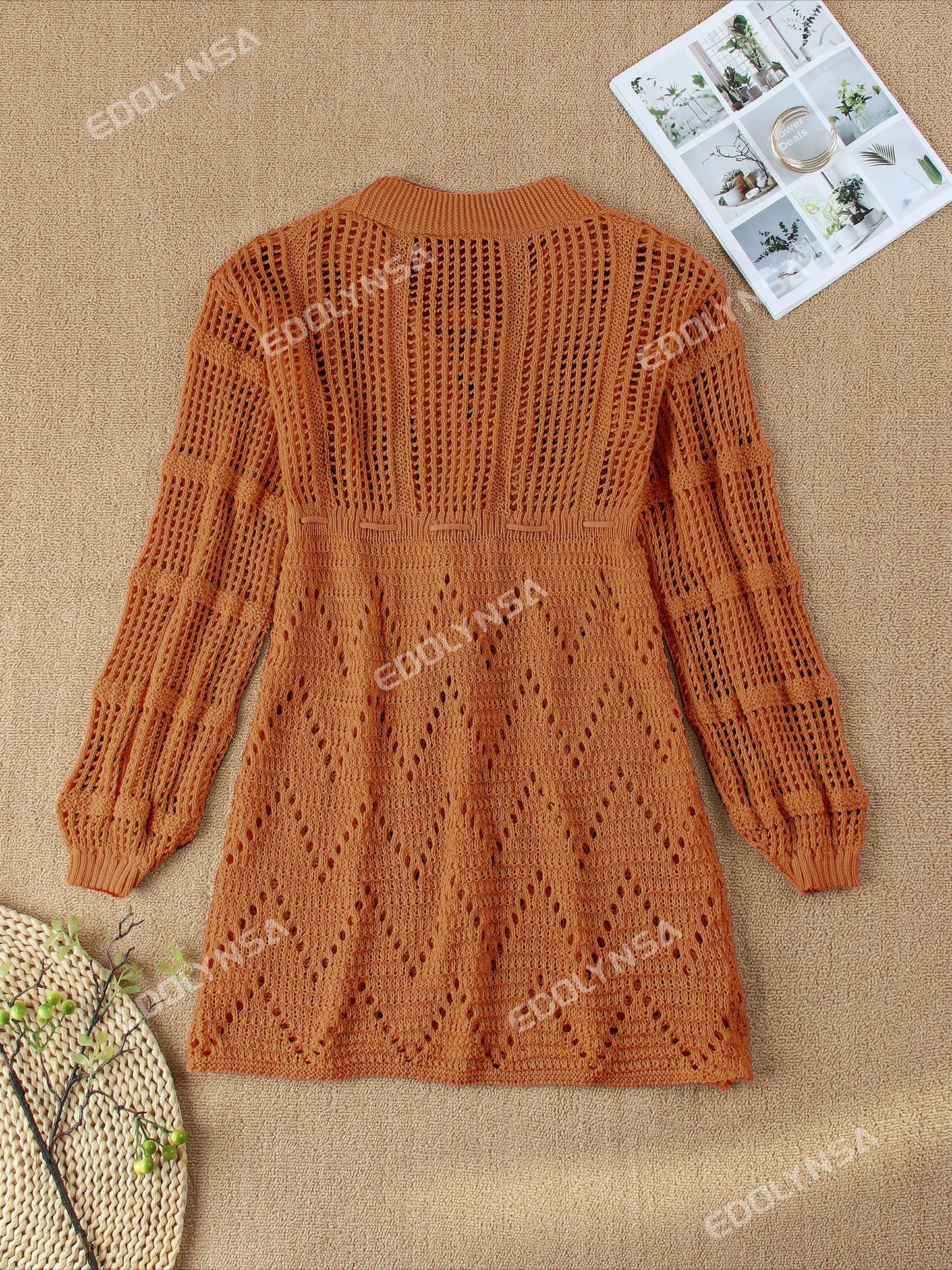 Sexy Deep V-neck Lace-up Bell Sleeve Knit Mesh Hollow Out Beach Mini Dress 2025 Summer Swimsuit Cover Up Women Casual Tunic K14