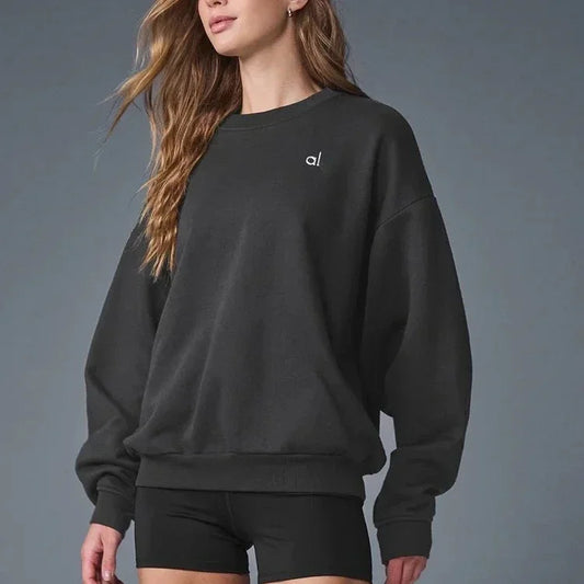 Long-sleeved Pullover Women Black Sports O-neck Korean Oversized Hoodie Tops Loose Solid Color Women's Sweatshirts Autumn Casual