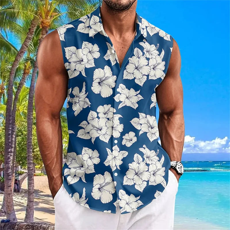 Hawaiian Men's Shirt Coconut Print Flap Collar Sleeveless Top Beach Holiday Style Shirt Fashion Men's Clothing