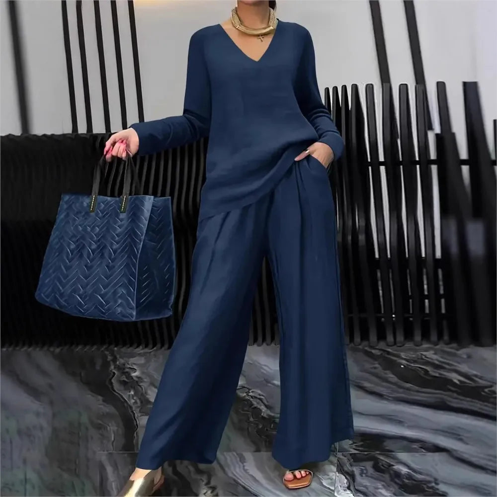 Solid Color Casual V-neck Trousers Women's 2piece Set Spring Autumn New Fashion Pocket Straight Trousers Female Office Suit 2025