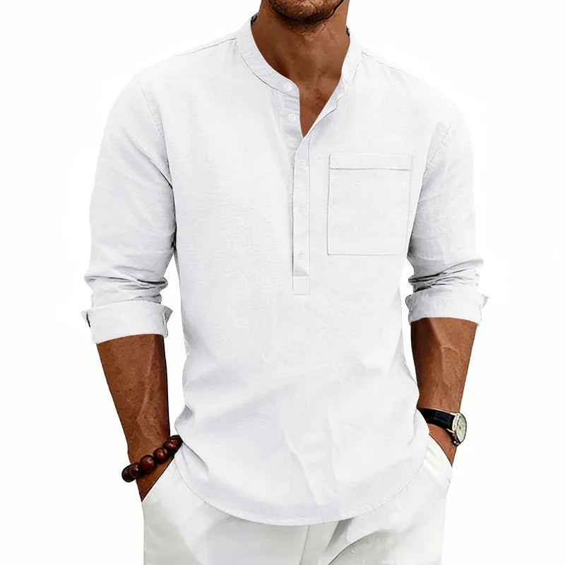 Summer Men's Linen Henry Long Sleeve T-Shirt  European and American Woven Solid Color Casual Polo Shirt