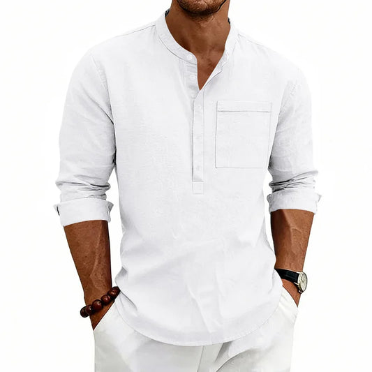 Summer Men's Linen Henry Long Sleeve T-Shirt  European and American Woven Solid Color Casual Polo Shirt