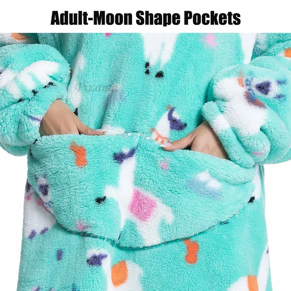 Oversize Winter Sherpa Blanket Plush Polar Fleece Family Matching Hoodie Girl Sweatshirt Homewear Avocado Animal Print Outwear