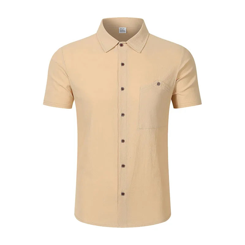 Men's Casual Linen Blend Shirt Short Sleeve Turn Down Collar Button Up Lightweight Breathable Beach Tunic Tops