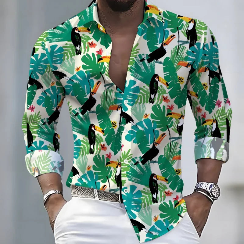 2026 New Hawaiian Style Coconut Tree Print Long-Sleeve Shirt, Stylish Print Men's Casual Vacation Loose Collar Hawaiian Shirt