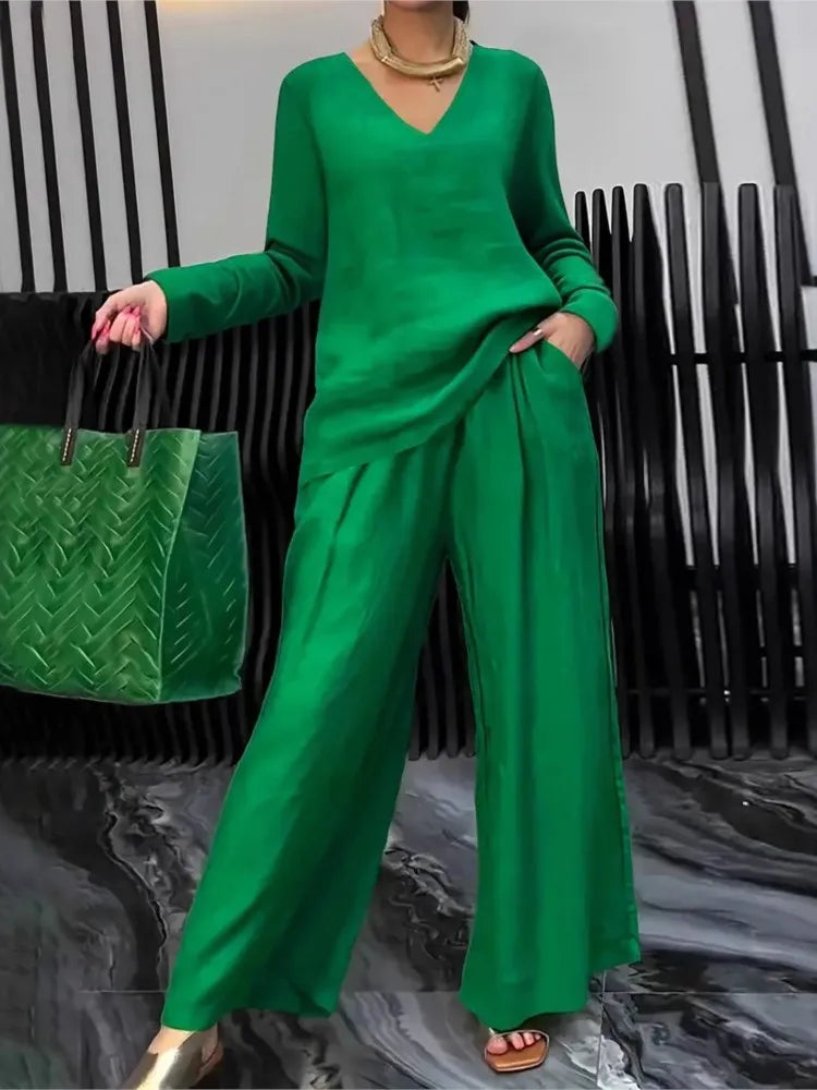 Solid Color Casual V-neck Trousers Women's 2piece Set Spring Autumn New Fashion Pocket Straight Trousers Female Office Suit 2025