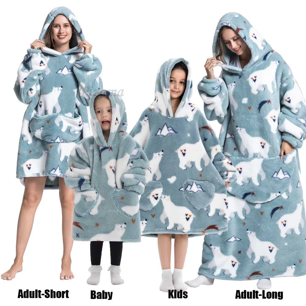 Oversize Winter Sherpa Blanket Plush Polar Fleece Family Matching Hoodie Girl Sweatshirt Homewear Avocado Animal Print Outwear