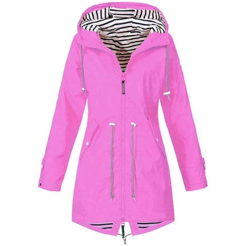 Womens Waterproof Raincoat Casual Basic Outdoors Trench Lightweight Drawstring Jackets Hiking Clothes for Women