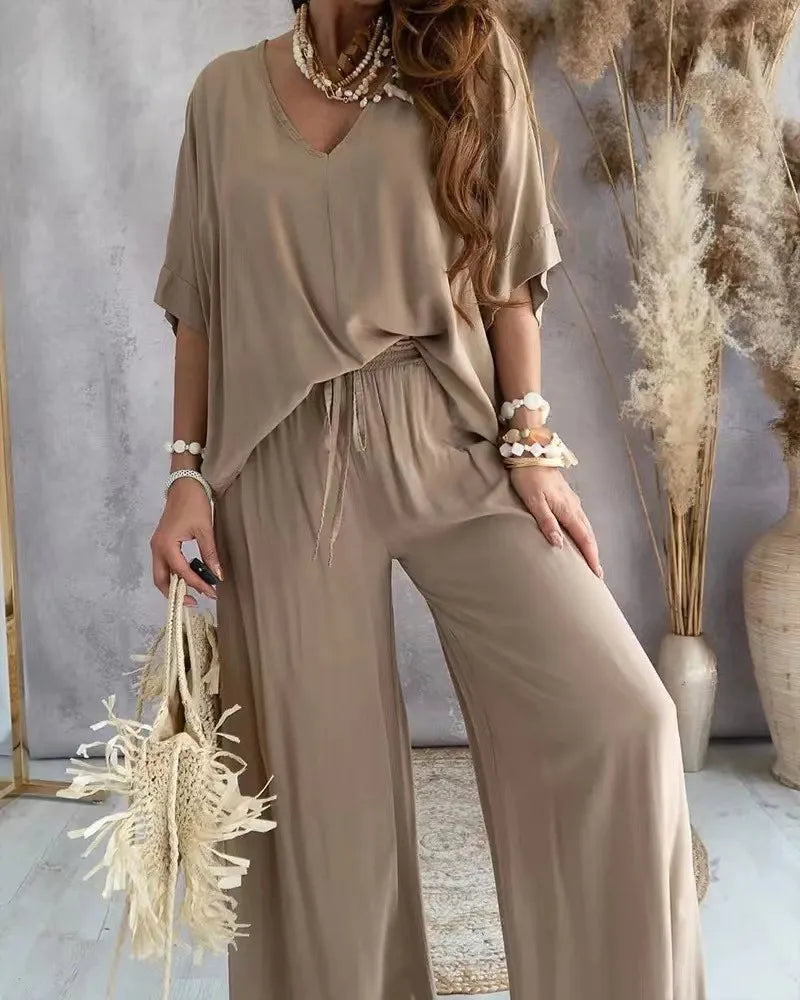 Loose Women Sets 2 pcs Sale V Neck Short Sleeve Blouse Shirts& High Waist Wide Leg Vacation Beachwear Pant Suits NMD-3032