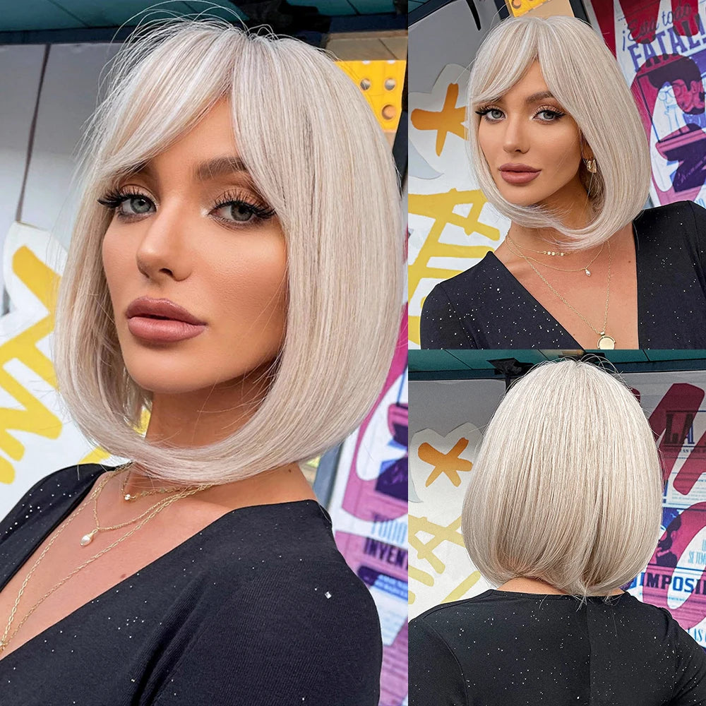 ALAN EATON Layered Synthetic Wigs with Bangs Straight Short Highlights Blonde Hair Wig with for Women Natural Daily Cosplay Wigs