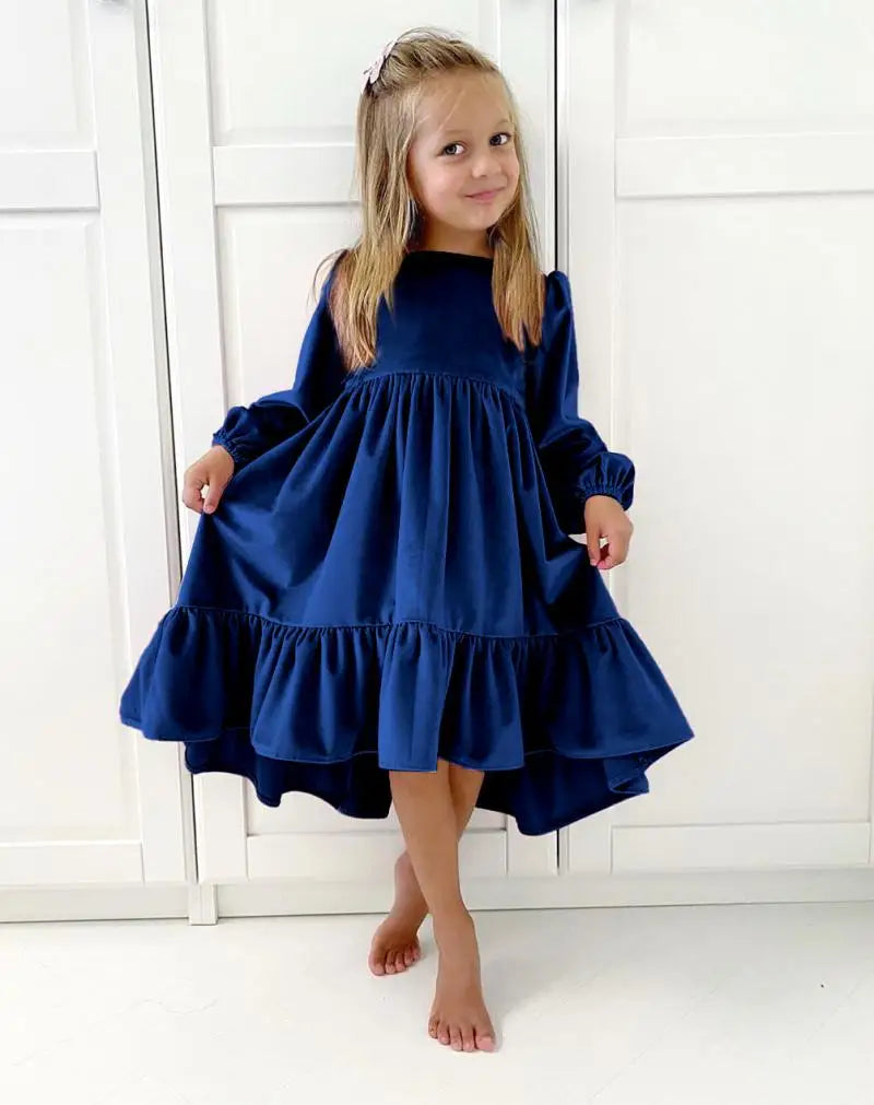 New 7-12 years Girls Spring Autumn Winter Velvet Long Sleeve Ruffle Hem Dress Princess Kids Party Dressess Children Clothing