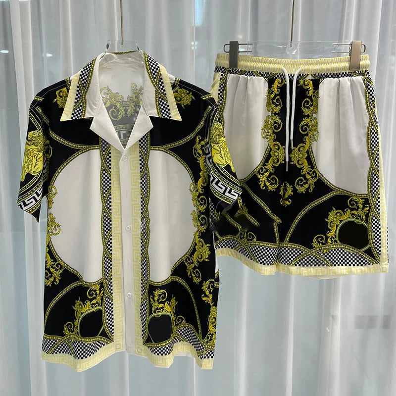 Vintage Men Shirts Sets Summer 3D Print Beach Short Sleeve Shirt Shorts Casual Trip Mens Hawaiian 2 Piece Suit S-2XL Man Blouse