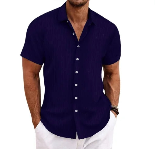 Simple And Versatile Summer New Men's Cotton And Linen Striped Jacquard Shirt Casual Comfortable Loose Short-Sleeved Shirt